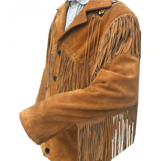 Men's Brown Suede Jacket | Native American Fringed & Beaded Coat