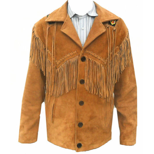 Men's Brown Suede Leather Jacket - Native American Cow-boy Fringed & Beaded Coat Men's Brown Suede Jacket | Native American Fringed & Beaded Coat