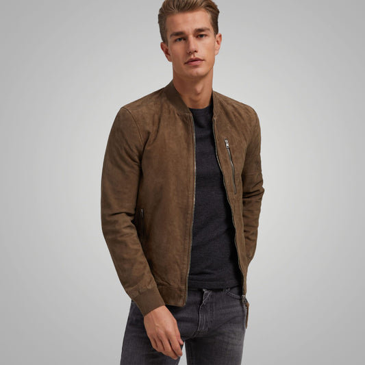 Men's Brown Suede Leather Bomber Jacket Men's Brown Suede Bomber Jacket