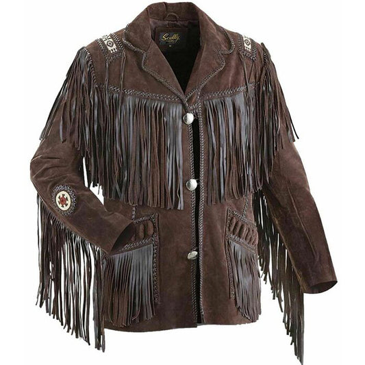 Men's Brown Suede Leather Fringed Jacket with Beaded Coat Men's Brown Suede Fringed Jacket with Beaded Coat
