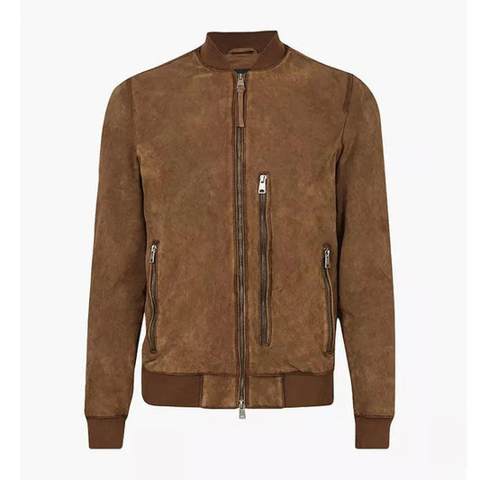 Men's Suede Real Leather Bomber Jacket In Brown Men's Suede Real Leather Bomber Jacket In Brown