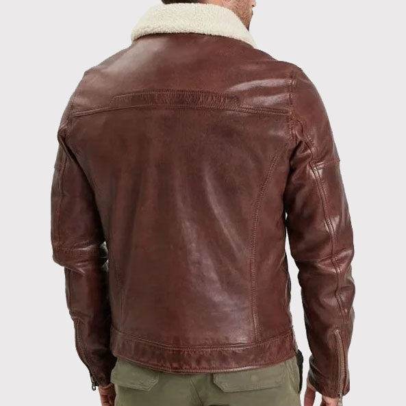 Brown Washed Lambskin Leather Jacket with Faux Fur Collar