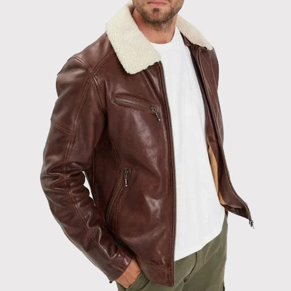 Brown Washed Lambskin Leather Jacket with Faux Fur Collar