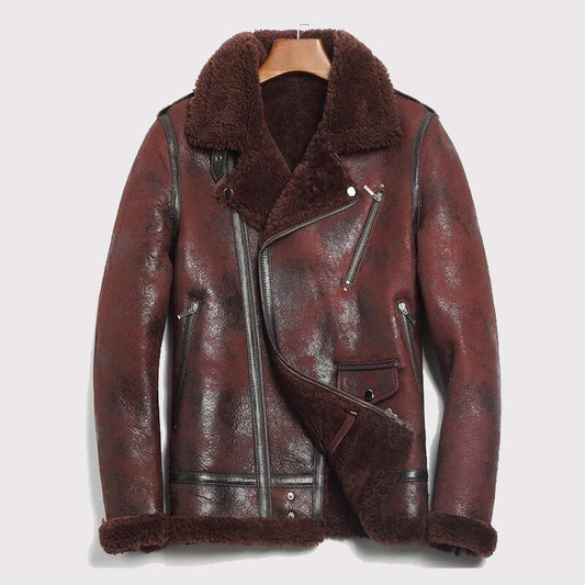 Men's Burgundy B-3 Bomber Sheepskin Motorcycle Jacket B-3 Bomber Sheepskin Jacket for Men