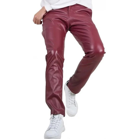 Men’s Burgundy Leather Trousers with Back Flap Pockets