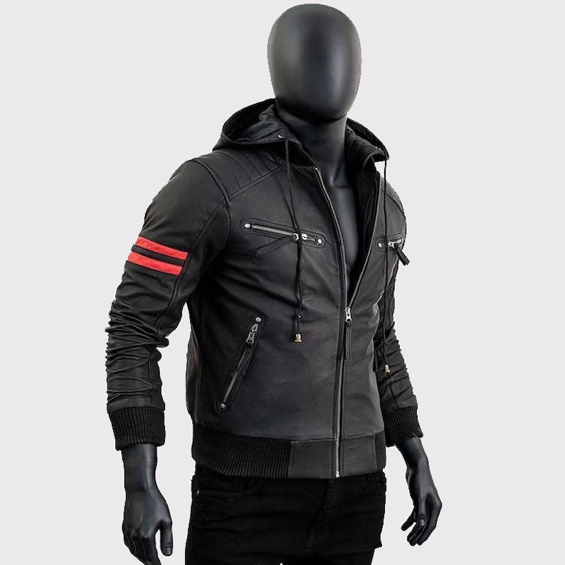 Men's Café Racer Motorcycle Black Leather Jacket with Removable Hood