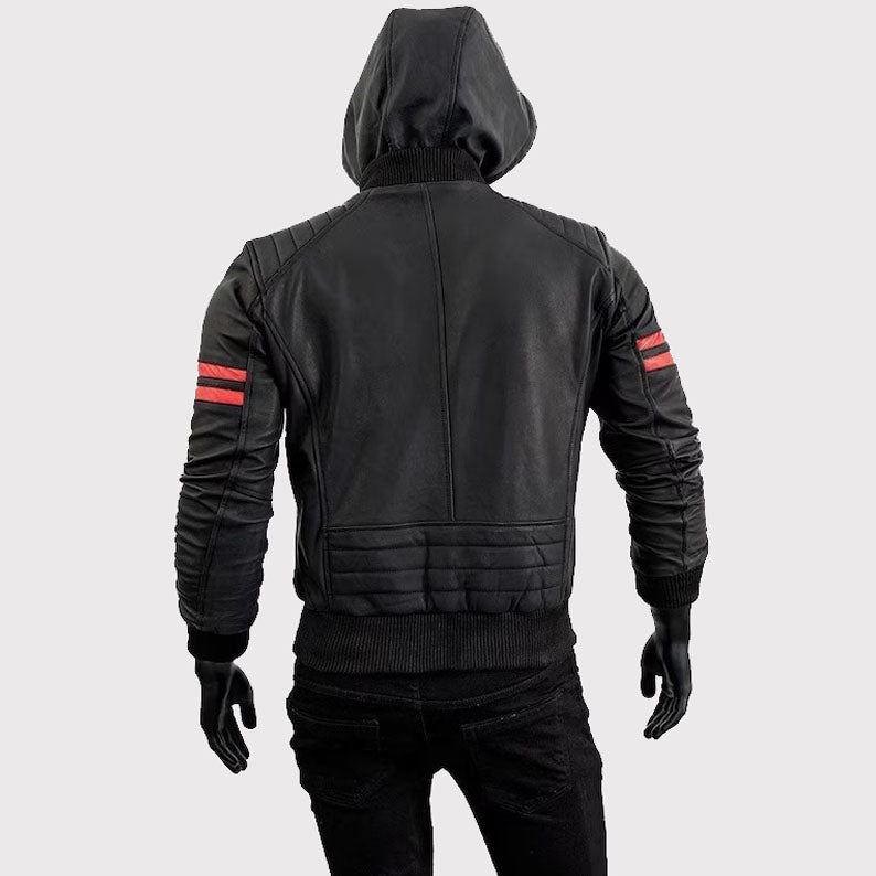 Men's Café Racer Motorcycle Black Leather Jacket with Removable Hood