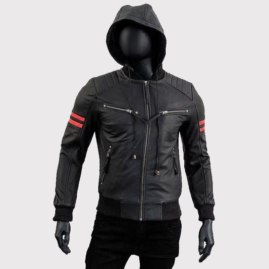 Men's Café Racer Motorcycle Black Leather Jacket with Removable Hood Men's Café Racer Motorcycle Black Leather Jacket