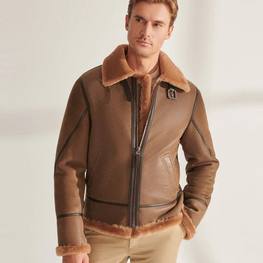 Men's Camel Brown B3 Shearling Aviator Leather Jacket Men's Camel Brown B3 Aviator Jacket