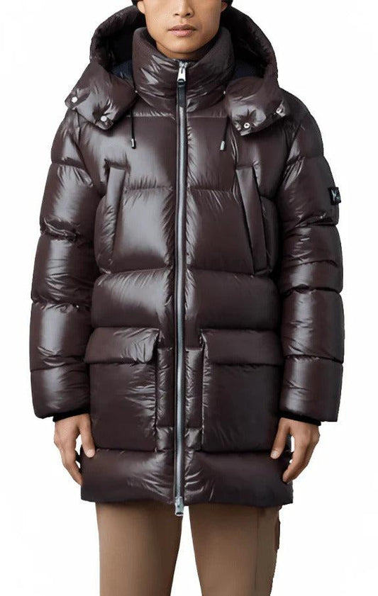 Men's Chocolate Brown Trench Puffer Coat with Removable Hood Men's Chocolate Brown Trench Puffer Coat with Removable Hood