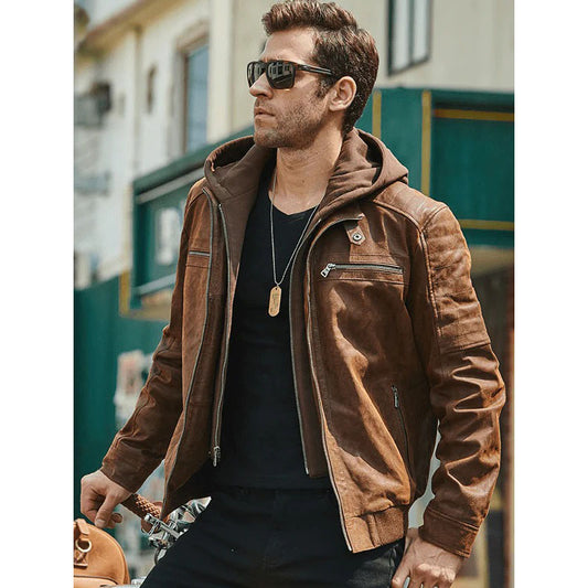 Men's Classy Suede Leather Jacket with Detachable Hood Men's Classy Suede Leather Jacket with Detachable Hood