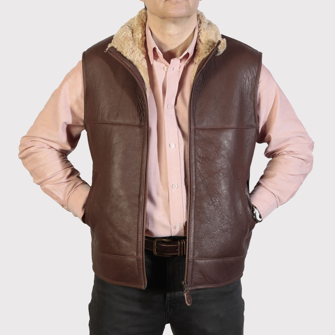 Men's Cognac Leather Sheepskin Gilet