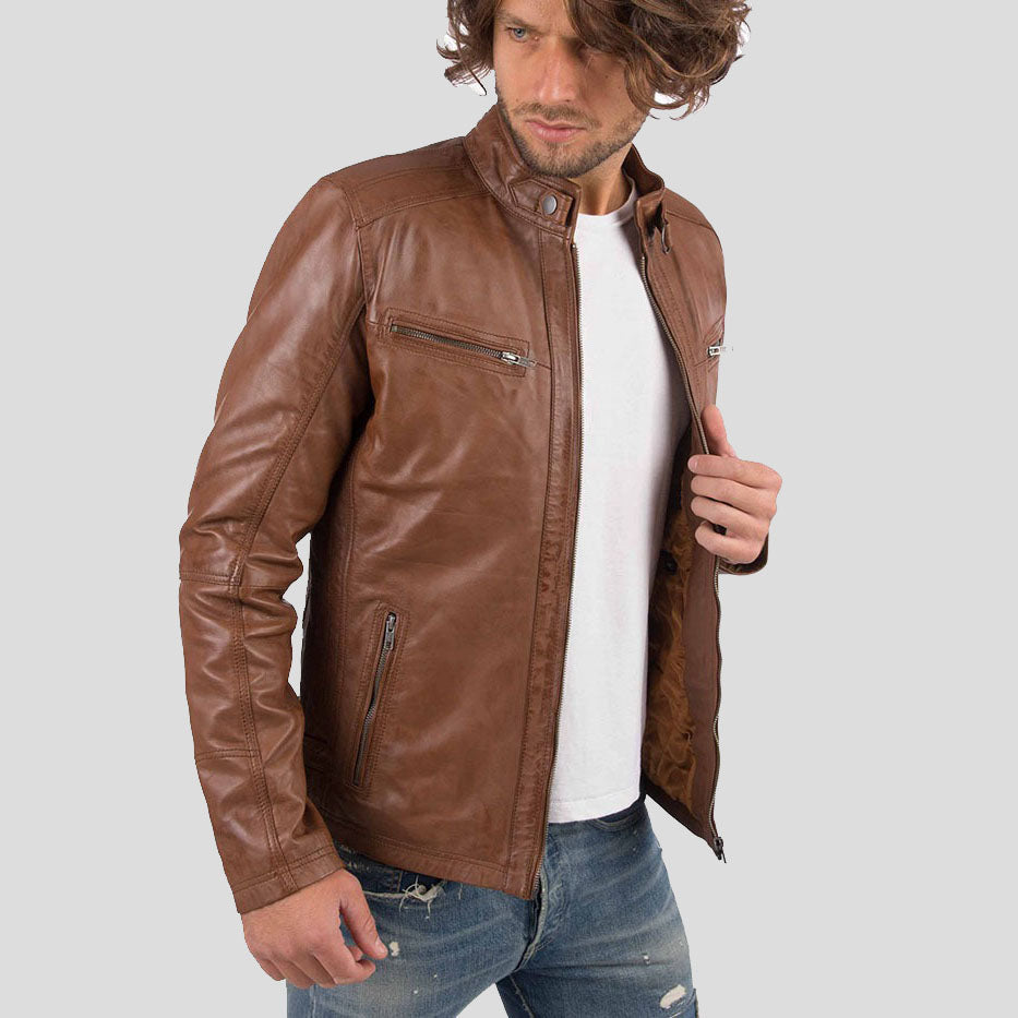 Men's Cognac Genuine Sheep Leather Biker Jacket