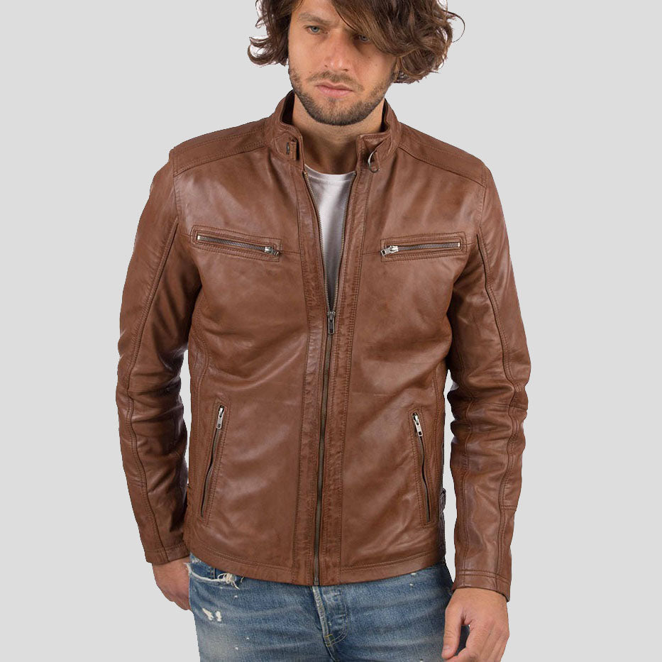 Men's Cognac Genuine Sheep Leather Biker Jacket