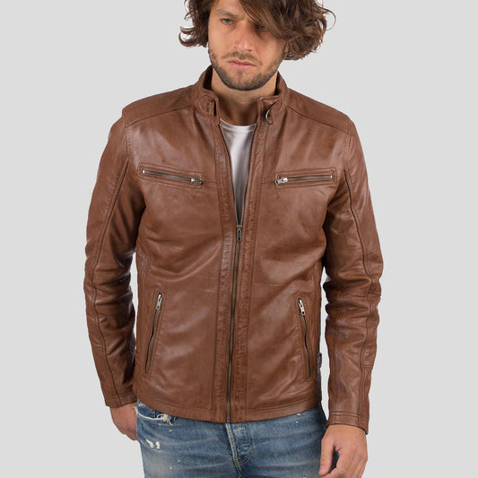 Men's Cognac Genuine Sheep Leather Biker Jacket Men's Cognac Genuine Sheep Leather Biker Jacket