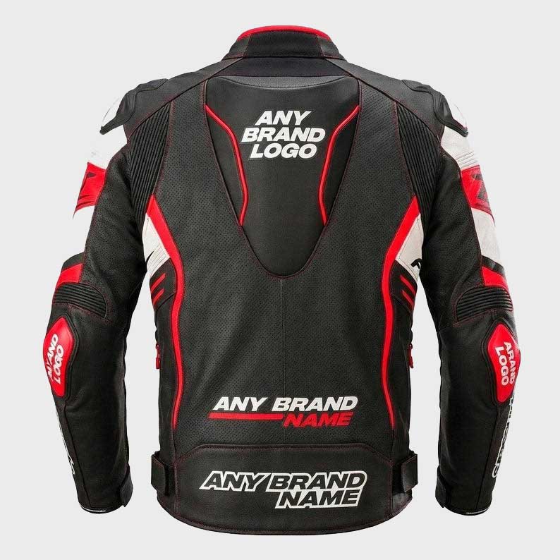 Back view of Men's Custom Cowhide Motorcycle Racing Leather Jacket showing removable safety hump and safety stitch seam detail by Jackets Kingdom