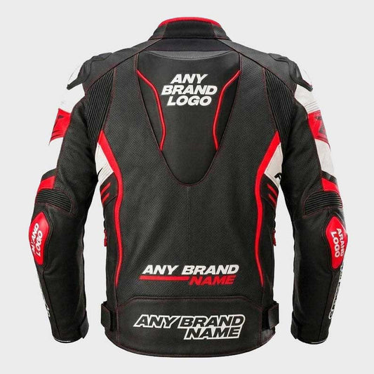 Back view of Men's Custom Cowhide Motorcycle Racing Leather Jacket showing removable safety hump and safety stitch seam detail by Jackets Kingdom