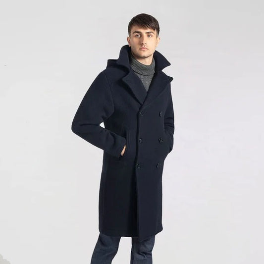 Men's Dark Blue Fleece Long Peacoat Men's Dark Blue Fleece Long Peacoat