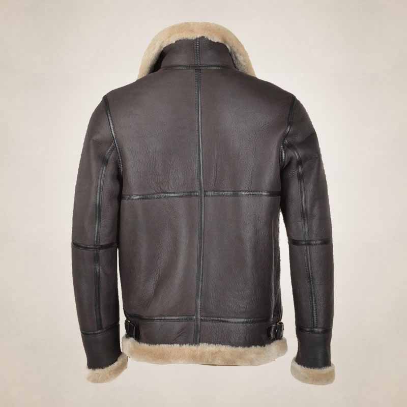 back view of men’s leather bomber jacket with shearling collar
