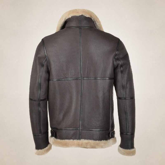 back view of men’s leather bomber jacket with shearling collar