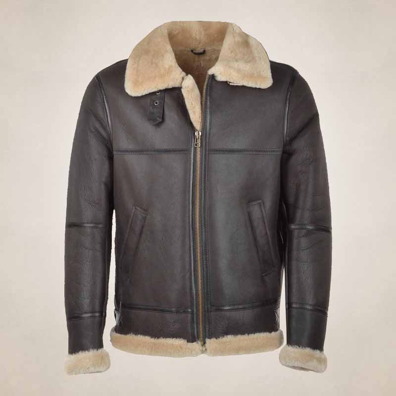 front view of men’s dark brown RAF shearling bomber jacket