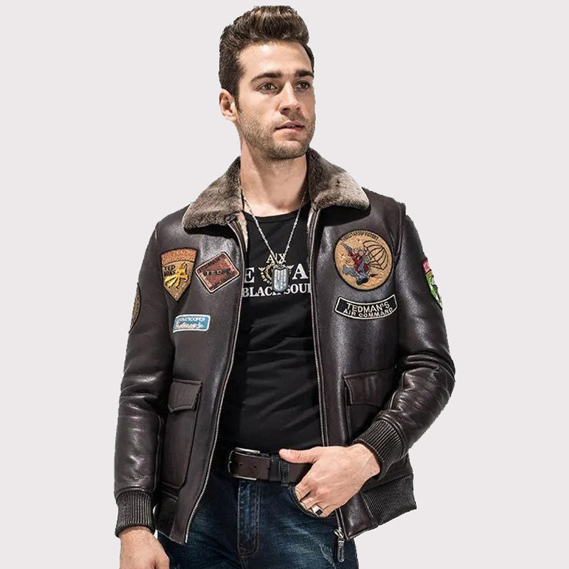 Men's Dark Brown Sheepskin Military Jacket Aviator Coat