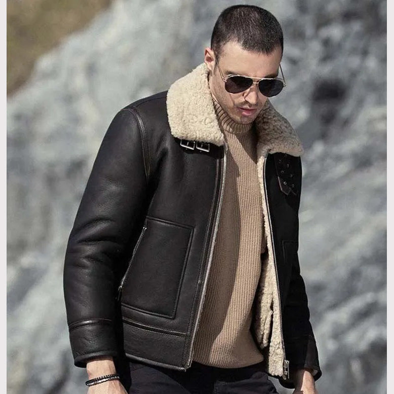 Men's Dark Brown Sheepskin Leather Shearling Motorcycle Jacket