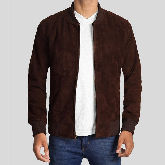Men's Dark Brown Suede Leather Bomber Jacket - Classic Men's Dark Brown Suede Leather Bomber Jacket - Classic