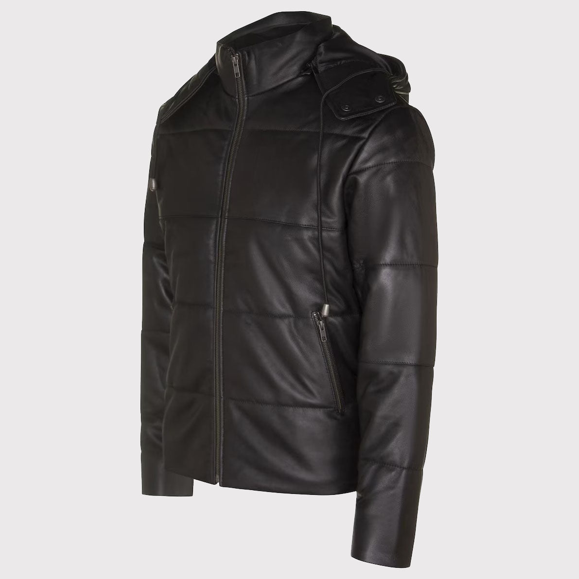 Men's Distressed Black Leather Puffer Jacket with Hood