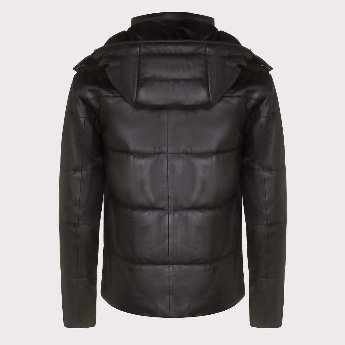 Men's Distressed Black Leather Puffer Jacket with Hood