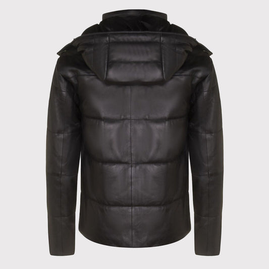 Men's Distressed Black Leather Puffer Jacket with Hood