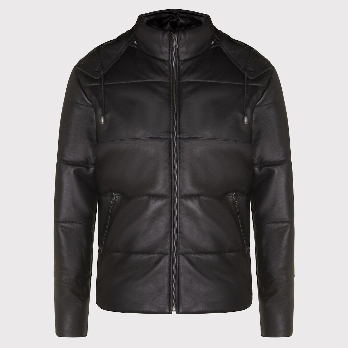 Men's Distressed Black Leather Puffer Jacket with Hood