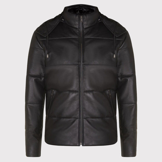 Men's Distressed Black Leather Puffer Jacket with Hood Men's Distressed Black Leather Puffer Jacket with Hood