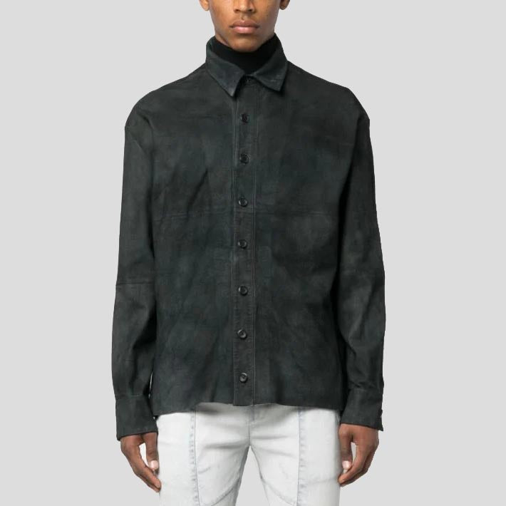 Men's Distressed Black Suede Leather Shirt