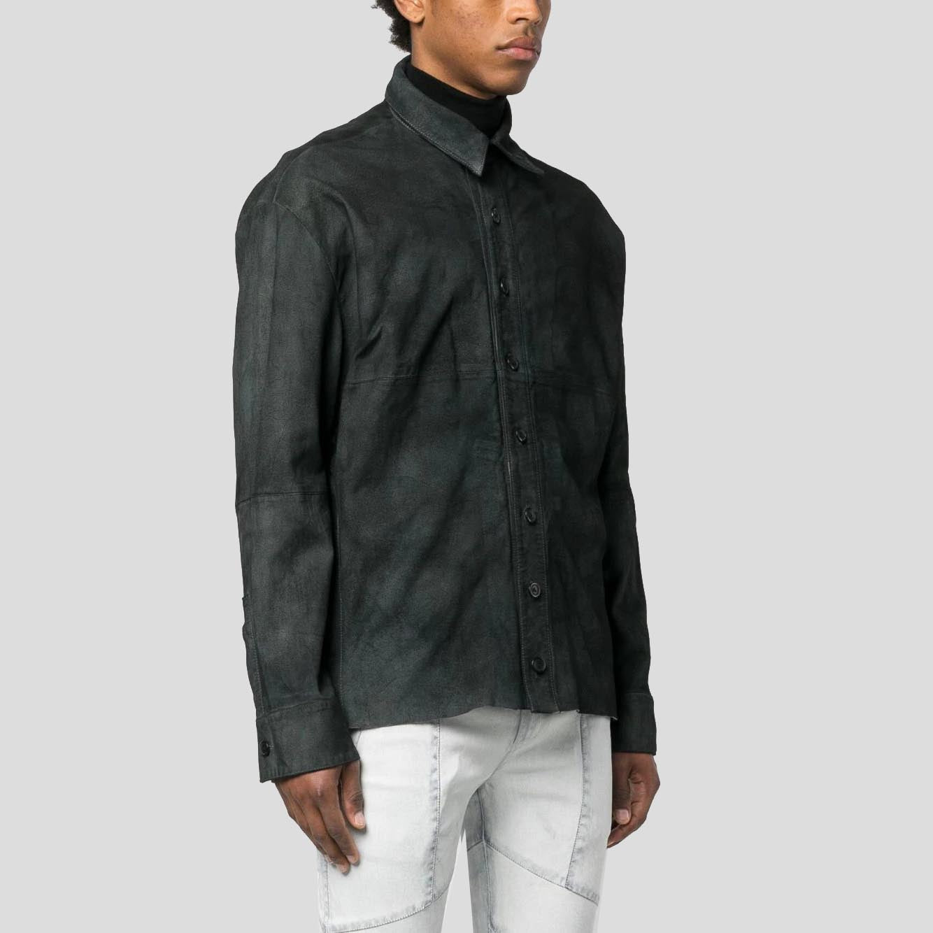 Men's Distressed Black Suede Leather Shirt