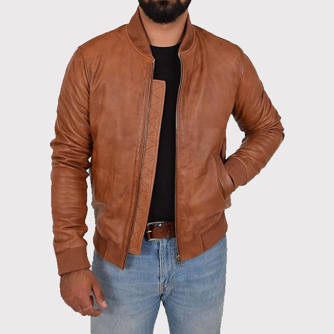 Men's Fitted Varsity Tan Leather Bomber Jacket