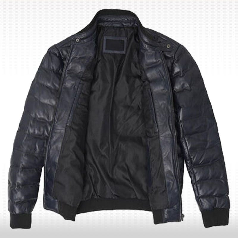 Men's Genuine Black Lambskin Bomber Leather Jacket - Padded Puffer Style