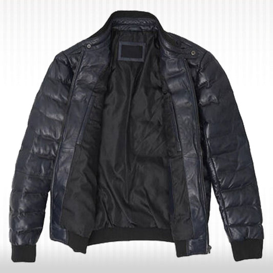 Men's Genuine Black Lambskin Bomber Leather Jacket - Padded Puffer Style
