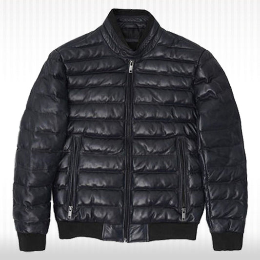 Men's Genuine Black Lambskin Bomber Leather Jacket - Padded Puffer Style Men's Genuine Black Lambskin Bomber Leather Jacket - Padded Puffer Style