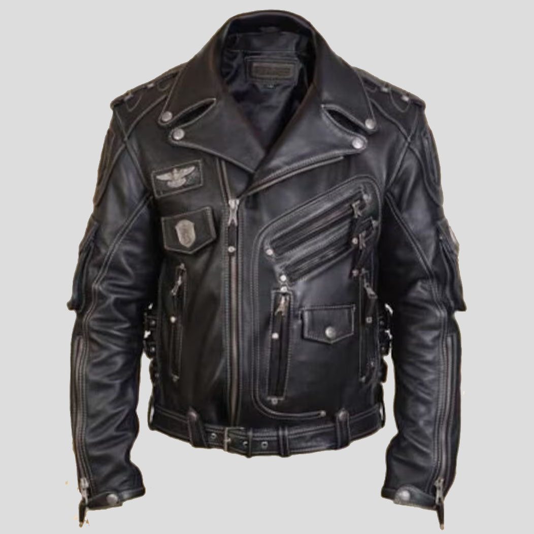 Men's Genuine Cowhide Premium Leather Motorcycle Biker Leather Jacket Black