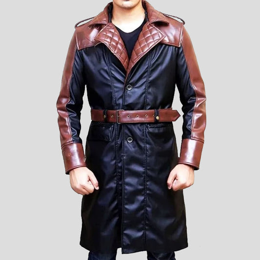 Classic Men's Genuine Sheepskin Long Leather Trench Coat