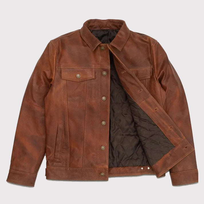 Get the Look: Men's Plain Brown Goatskin Trucker Jacket