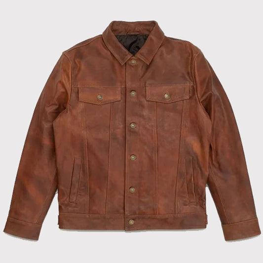 Classic Men's Goatskin Trucker Leather Jacket in Plain Brown