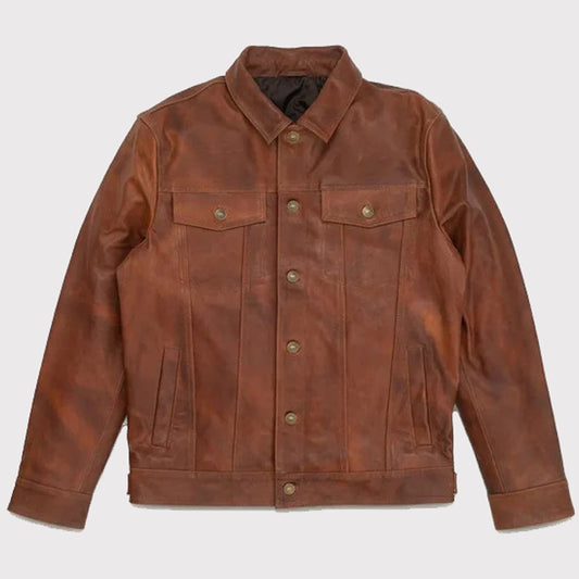 Classic Men's Goatskin Trucker Leather Jacket in Plain Brown Classic Men's Goatskin Trucker Leather Jacket in Plain Brown