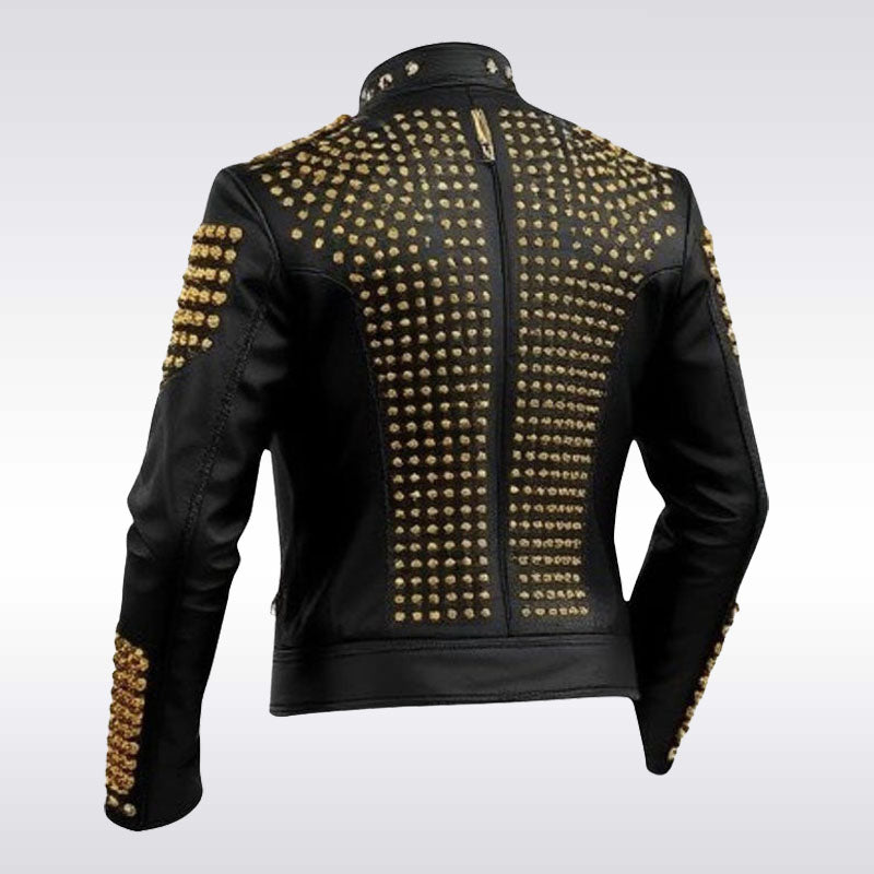 Men's Gold Studded Black Leather Rockstar Biker Jacket