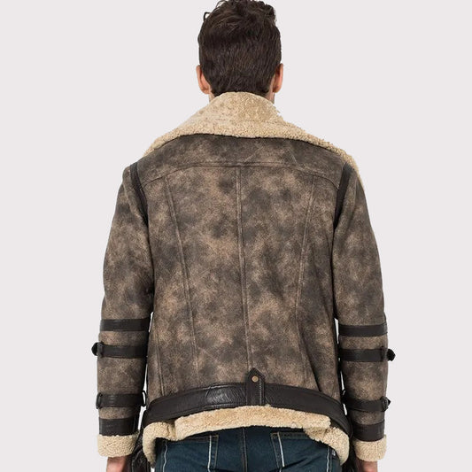 Men's Gray Shearling Flight Jacket - Motorcycle Fur Coat