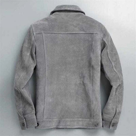 Men's Gray Suede Leather Trucker Jacket