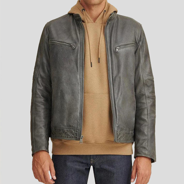 Men's Greenish Leather Moto Jacket - Stylish and Durable