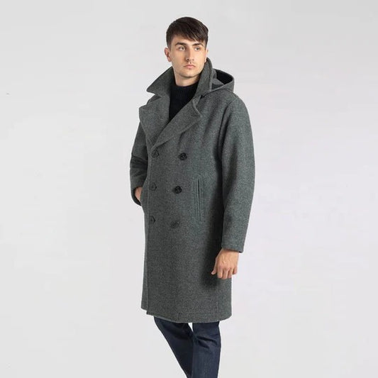 Men's Grey Long Fleece Peacoat Men's Grey Long Fleece Peacoat