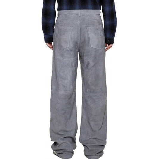 Men’s Grey Suede Wide Leg Leather Pants